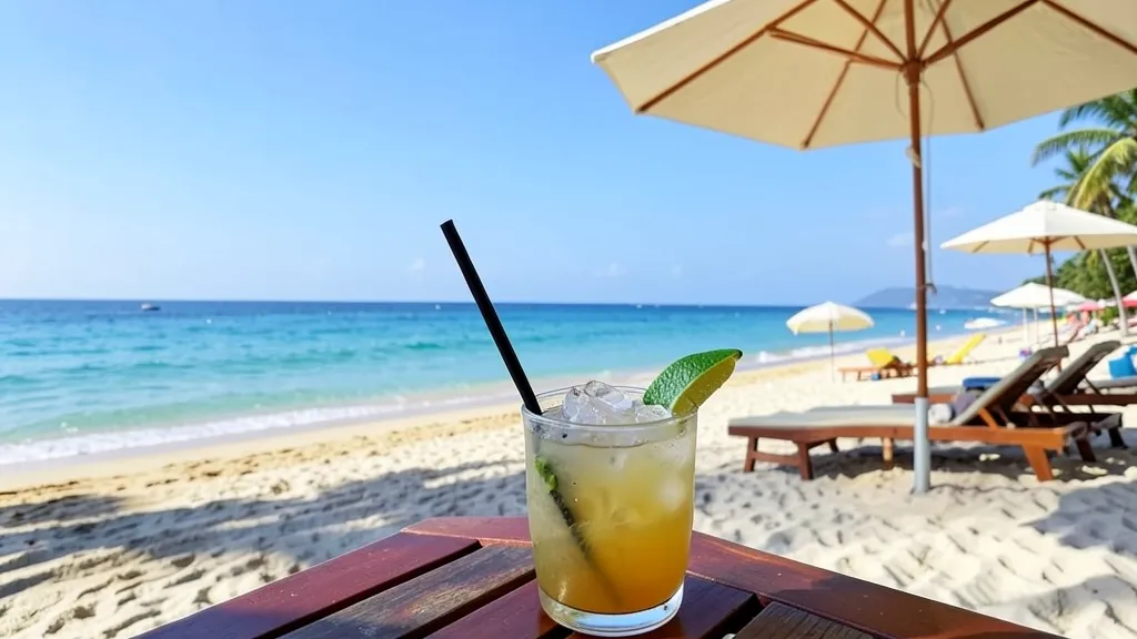 immagine generica spiaggia e ombrelloni vista mare con bella ragazza che beve un drink su lettino ochciali sole e altra mano telefonino